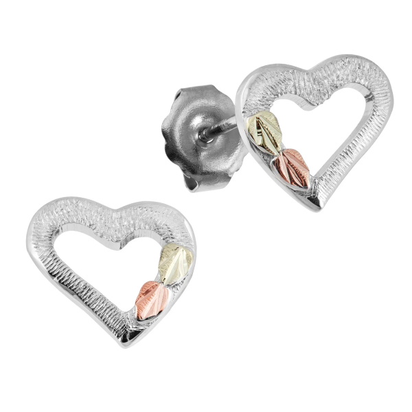 01013 Sterling Silver Heart Earrings with Black Hills Gold Leaves