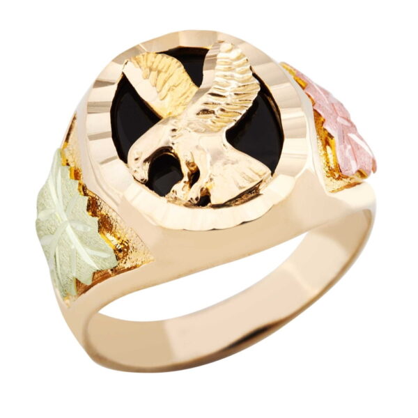 02402-600x600 Black Hills Gold Men's Onyx Ring with Eagle and Gold Leaves