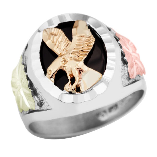 02402-SS-600x600 Sterling Silver Men's Onyx Ring with Eagle and Black Hills Gold Leaves