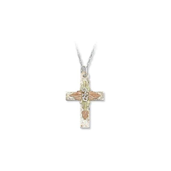 06002-SS-1-600x600 Sterling Silver Cross Pendant with Black Hills Gold Leaves