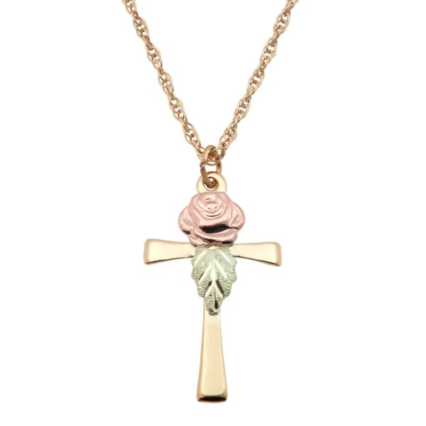 20217-600x600 Mt Rushmore Black Hills Gold Cross Pendant with Single Rose and Leaf