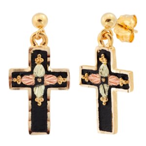 ER958PD-300x300 Black Hills Gold Black Enamel Cross Earrings with Leaves