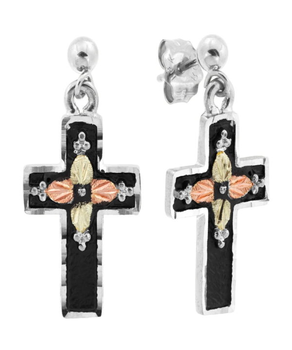 ER958PD-SS-600x720 Black Hills Silver Black Enamel Cross Earrings with Leaves