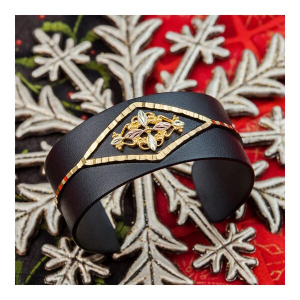 GLBR3470-2-600x600 Powder Coated Black Cuff Bracelet with Black Hills Gold Leaves
