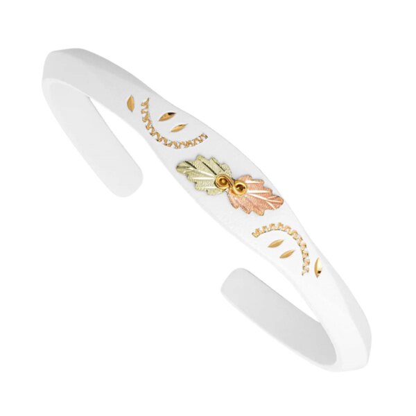 GLBR506WHT-600x600 White Powder Coated Cuff Bracelet with Black Hills Gold Leaves