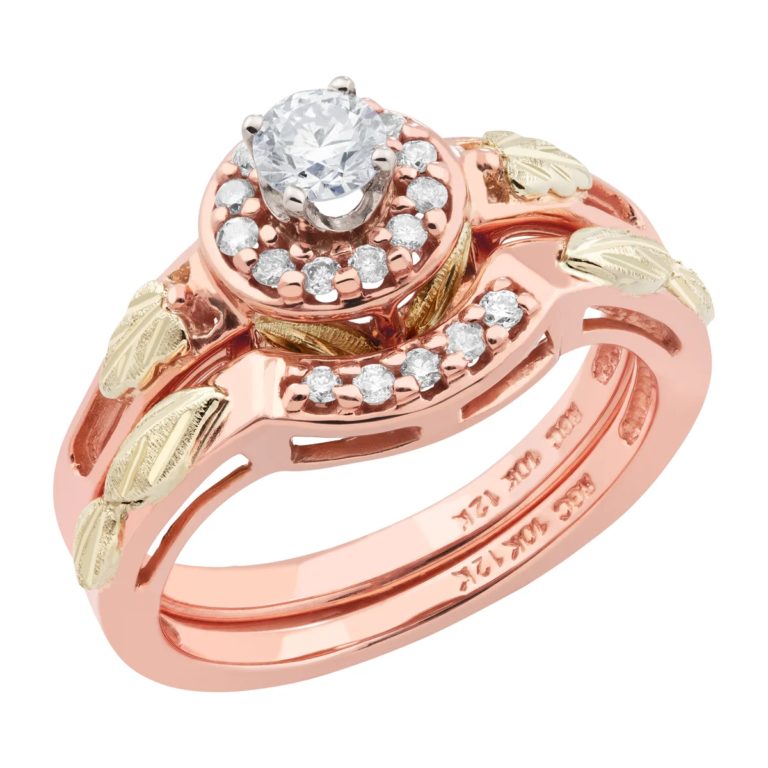 GLWR940SD-768x768 Ladies Black Hills Gold Wedding Set with Rose Gold Halo Diamond Engagement Ring