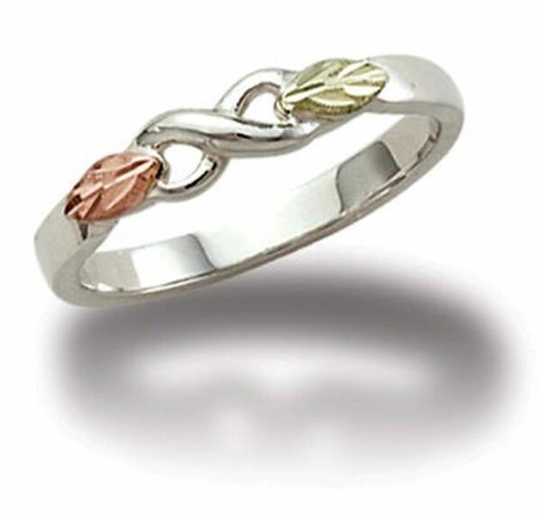 LR2417-SS-600x577 Sterling Silver Ladies Infinity Ring with Black Hills Gold Leaves