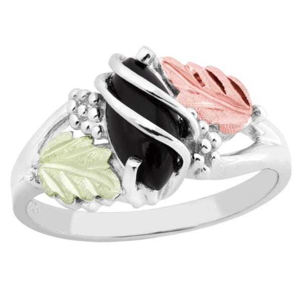 LR2874-SS-600x600 Sterling Silver Ladies Caged Onyx Ring with Black Hills Gold Leaves