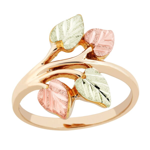 LR3056-600x600 Ladies Black Hills Gold Straight Shank Ring with Pink & Green Leaves
