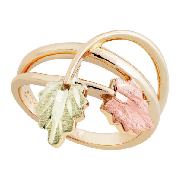 LR3057-600x600 Ladies Black Hills Gold Stacked Bypass Ring with Pink & Green Leaves