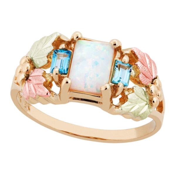 LR3070-600x600 Black Hills Gold Ladies Ring with Opal and Swiss Blue Topaz