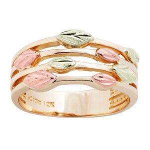 LR3072-300x300 Ladies Black Hills Gold Ring with Pink & Green Leaves