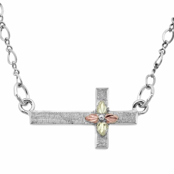 MRLCR701-600x600 Sterling Silver Sideways Cross Pendant with Black Hills Gold Leaves