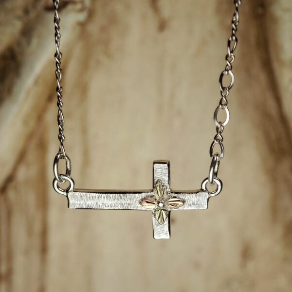 MRLCR701-facebook-600x600 Sterling Silver Sideways Cross Pendant with Black Hills Gold Leaves