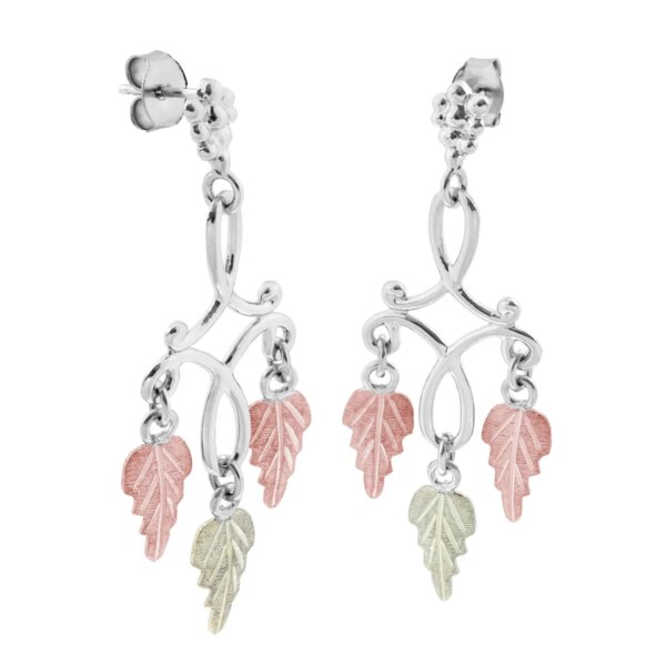 MRLER3927PD-600x600 Sterling Silver Post Chandelier Earrings with Black Hills Gold Leaves