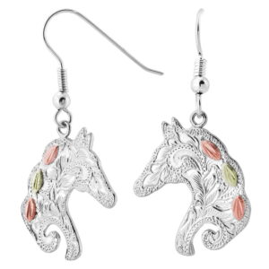 MRLER626-300x300 Sterling Silver Horse Earrings with Black Hills Gold Leaves