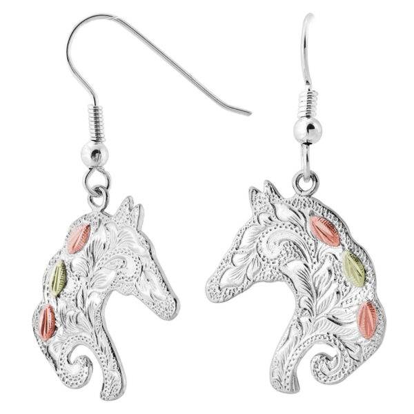 MRLER626-600x600 Sterling Silver Horse Earrings with Black Hills Gold Leaves