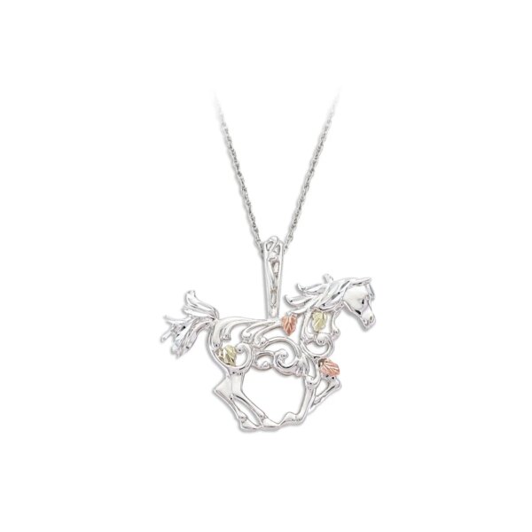MRLPE1916-600x600 Sterling Silver Horse Pendant with Black Hills Gold Leaves