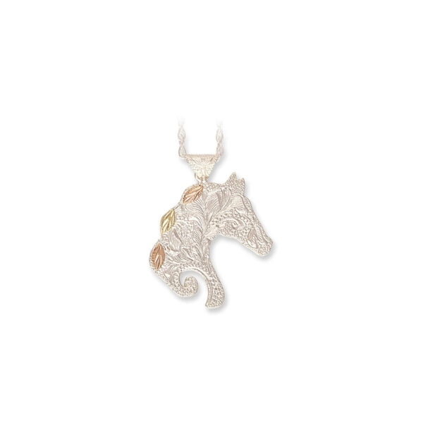 MRLPE626-600x600 Sterling Silver Horsehead Pendant with Black Hills Gold Leaves