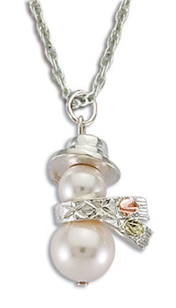 PE1934-SS Sterling Silver and Pearl Snowman Necklace with Black Hills Gold Leaves
