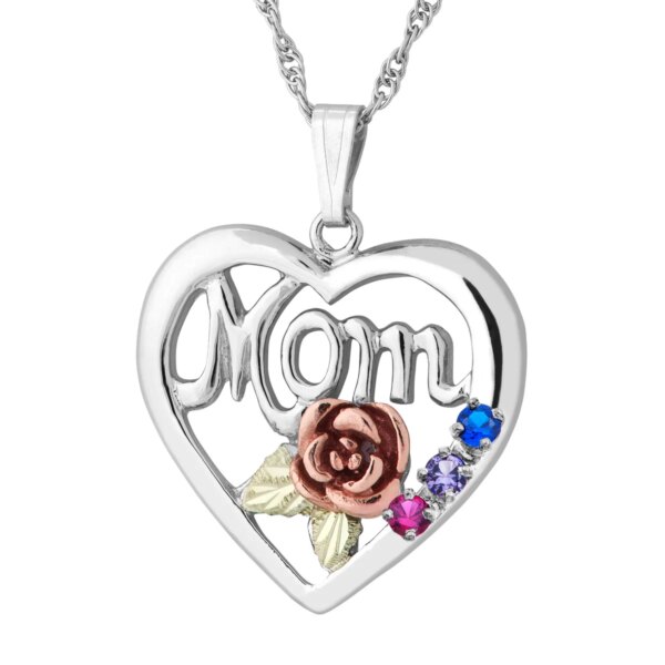 PE518-600x600 Landstroms Silver Heart Pendant with MOM and 2 SYNTHETHIC Birthstones