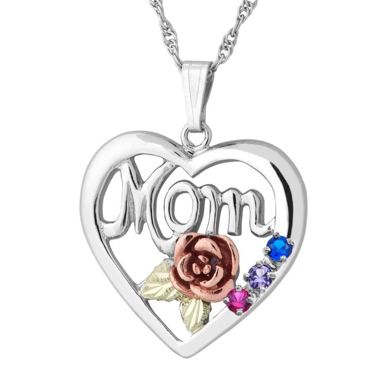 PE518-768x768 Silver Heart Pendant with MOM and 3 Synthetic Birthstones