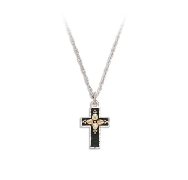 PE958-SS-600x575 Black Hills Silver Black Enamel Cross Necklace with Leaves