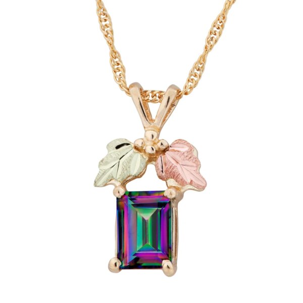 PE959-600x600 Landstrom's Black Hills Gold Emerald Cut Mystic Fire Topaz Pendant