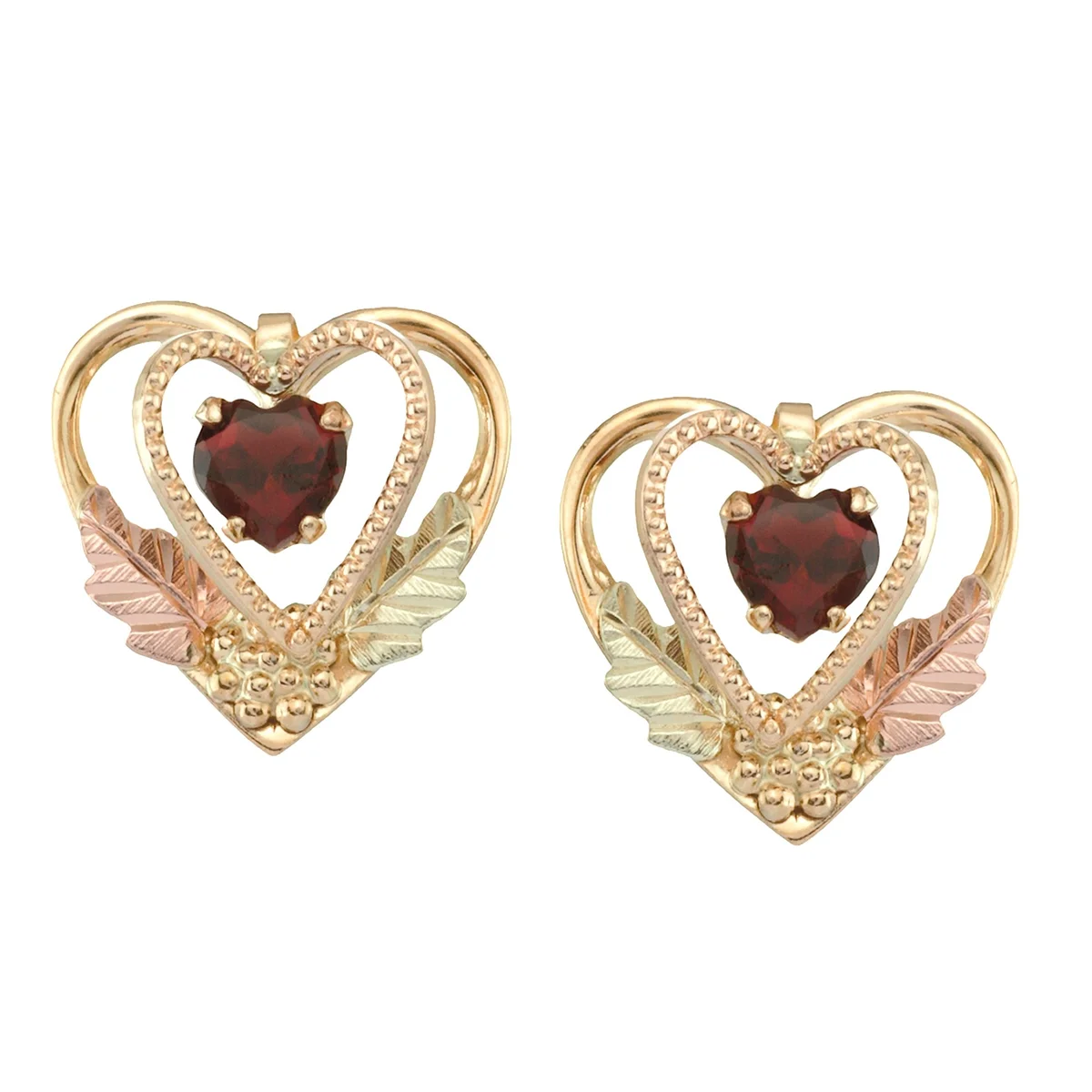 Black Hills Gold Double Heart and Garnet Post Earrings - G C5786G