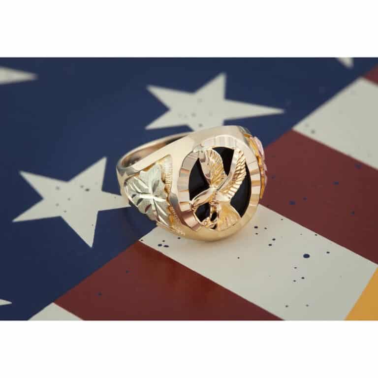 Black Hills Gold Men's Onyx Ring with Eagle and Gold Leaves - G L02402