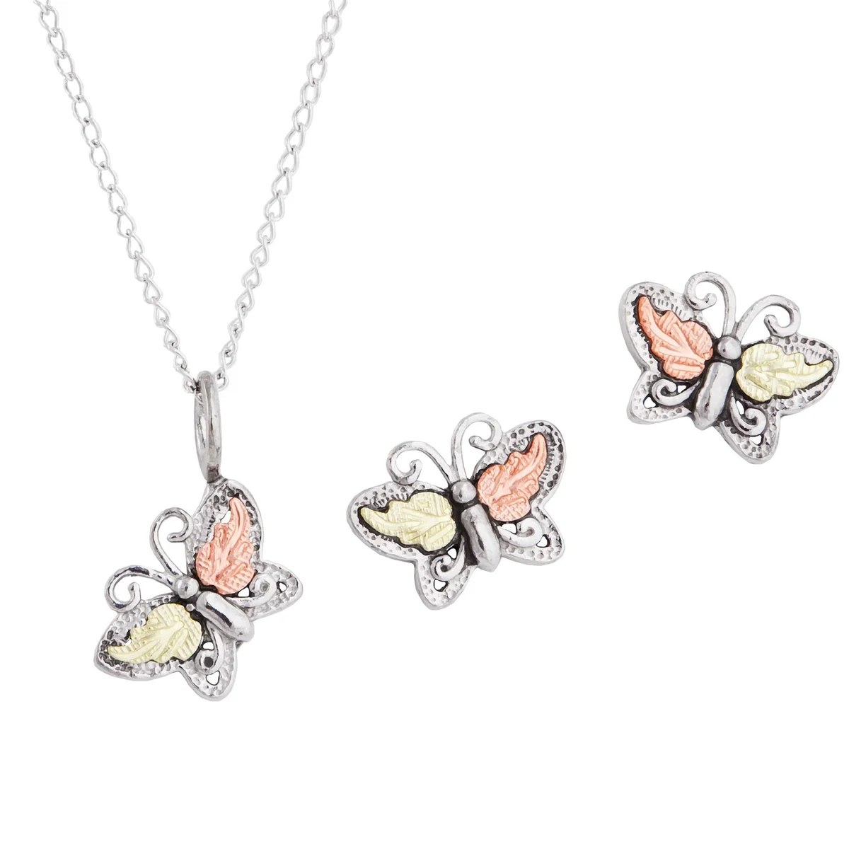 Black Hills Gold and Silver Butterfly Earring and Pendant Set - MR230097