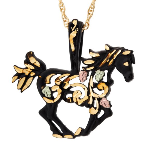 black-powder-coat-horse-pendant-with-black-hills-gold-leaves-600x600 Black Powder Coat Horse Pendant with Black Hills Gold Leaves
