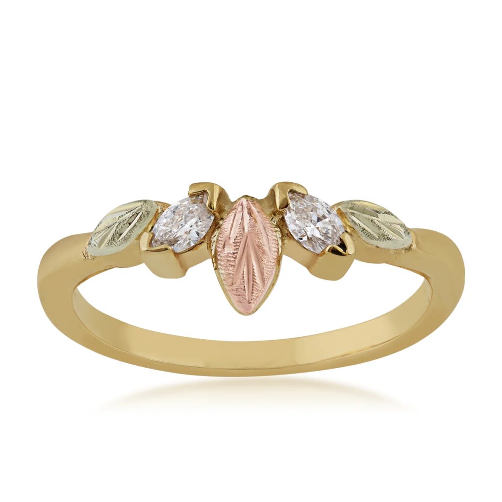 Ladies Black Hills Gold Diamond Wedding Ring with Pink and Green Leaves G LWR944BD