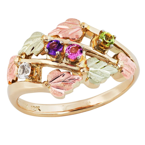 Landstroms Black Hills Gold Triple channel Family Ring with 6 SYNTHETIC Birthstones