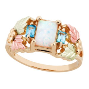 LR3070-300x300 Black Hills Gold Ladies Ring with Opal and Swiss Blue Topaz